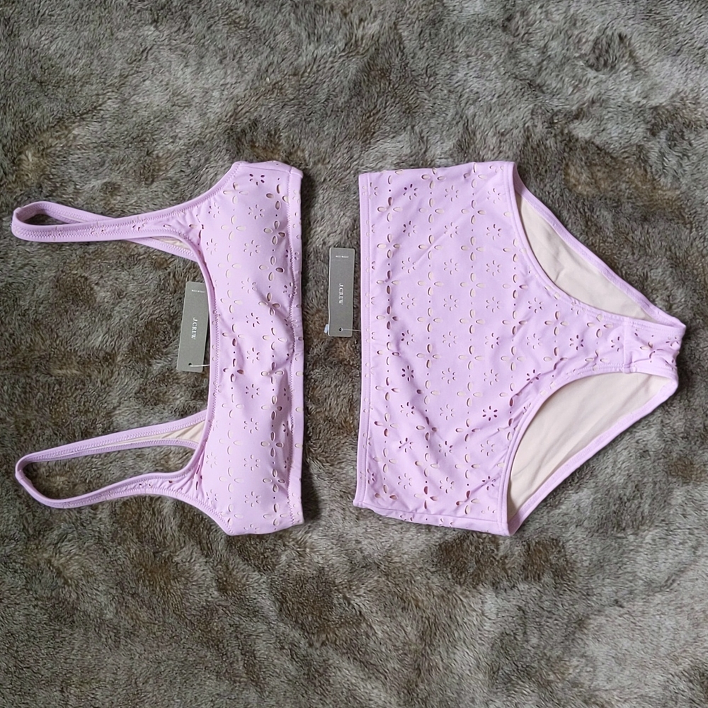 NWT J. Crew Scoop Bikini Top & High- Waisted Bottom Pink Laser-Cut Eyelet